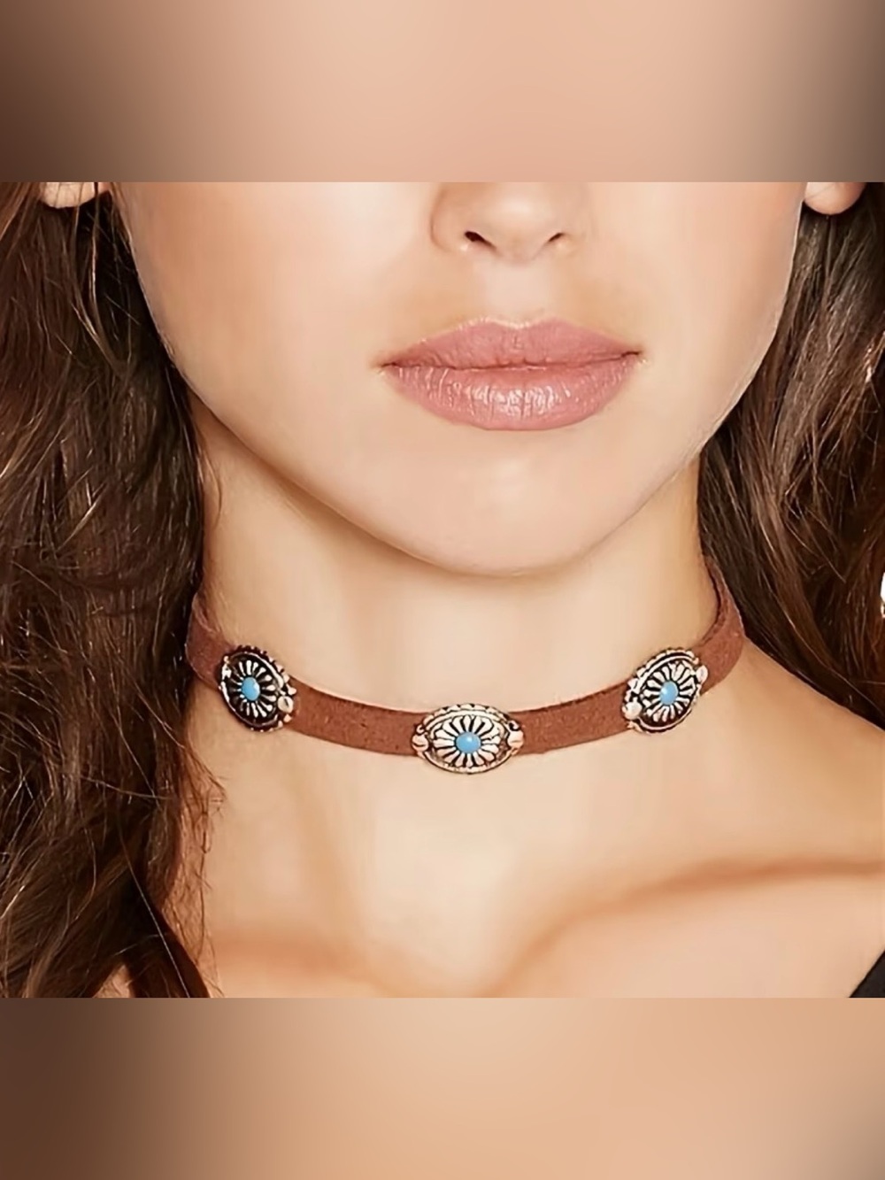 Western Choker Brown Faux Suede Turquoise Concho Choker Necklace